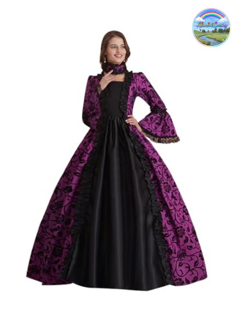 Victorian Rococo Satin Floral Dress Long Sleeve Masquerade Costume - Picture 2 of 6